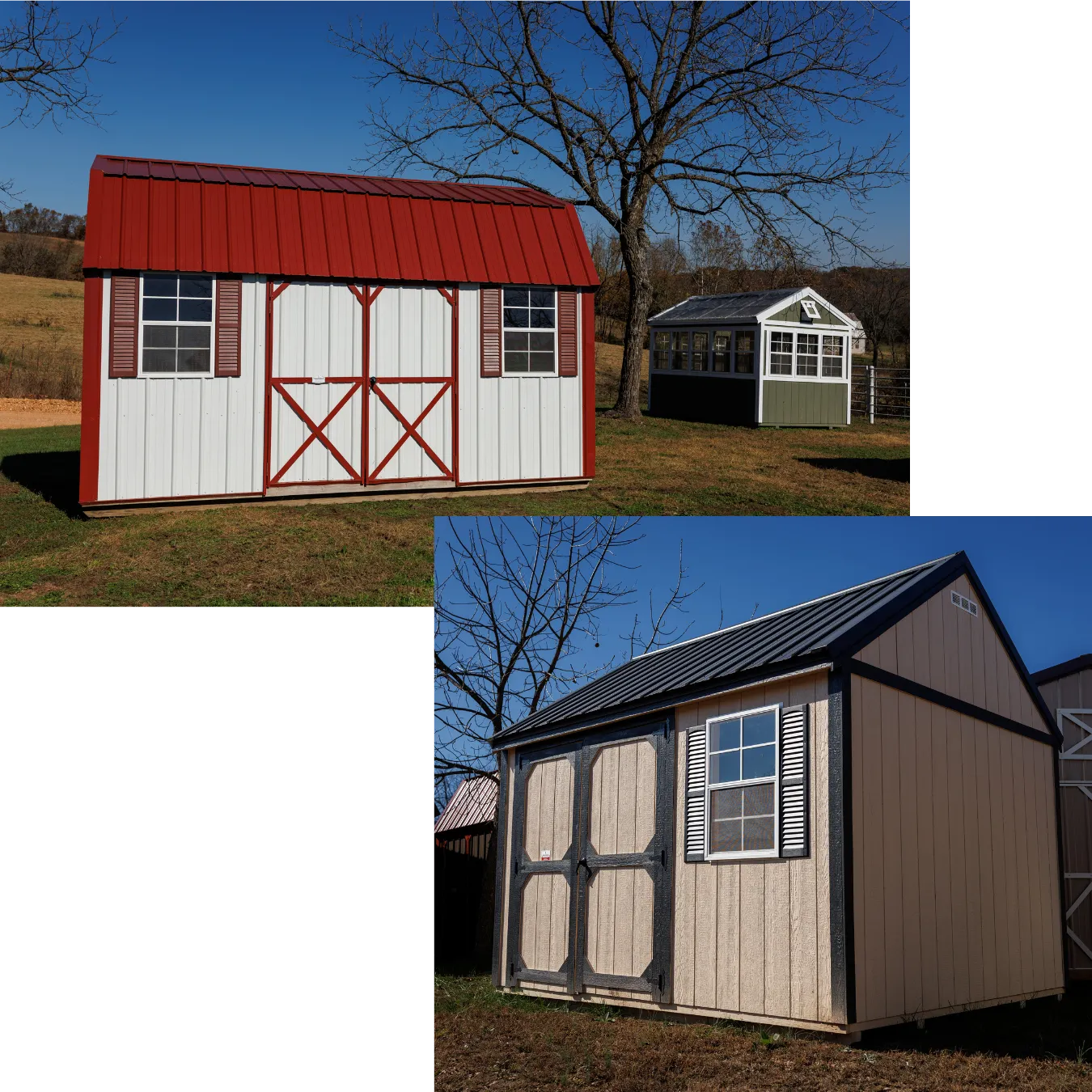 A white shed with a red lofted metal roof, and a tan shed with black trim and shuttered windows