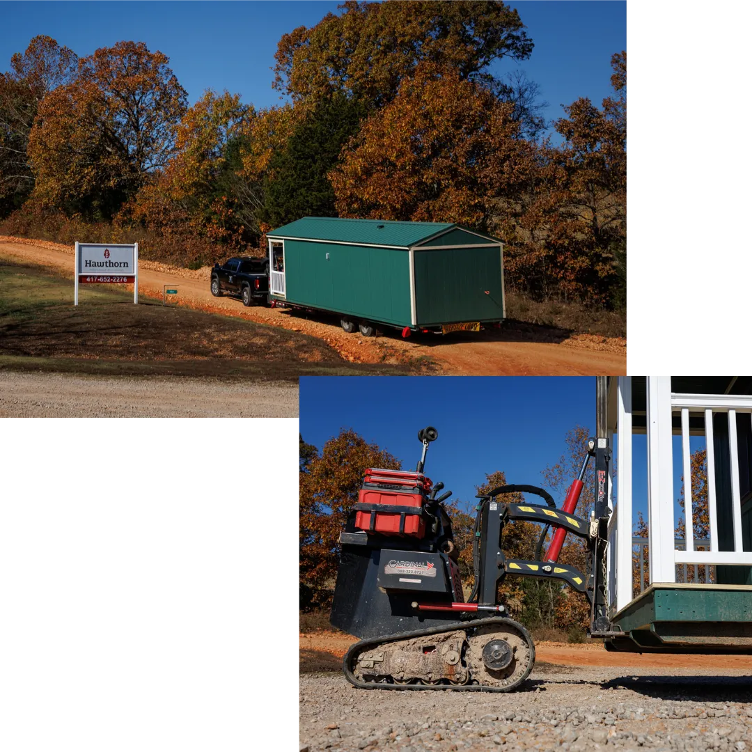 A Hawthorn truck hauling a green cabin down a dirt road, and a tracked mover lifting a porch