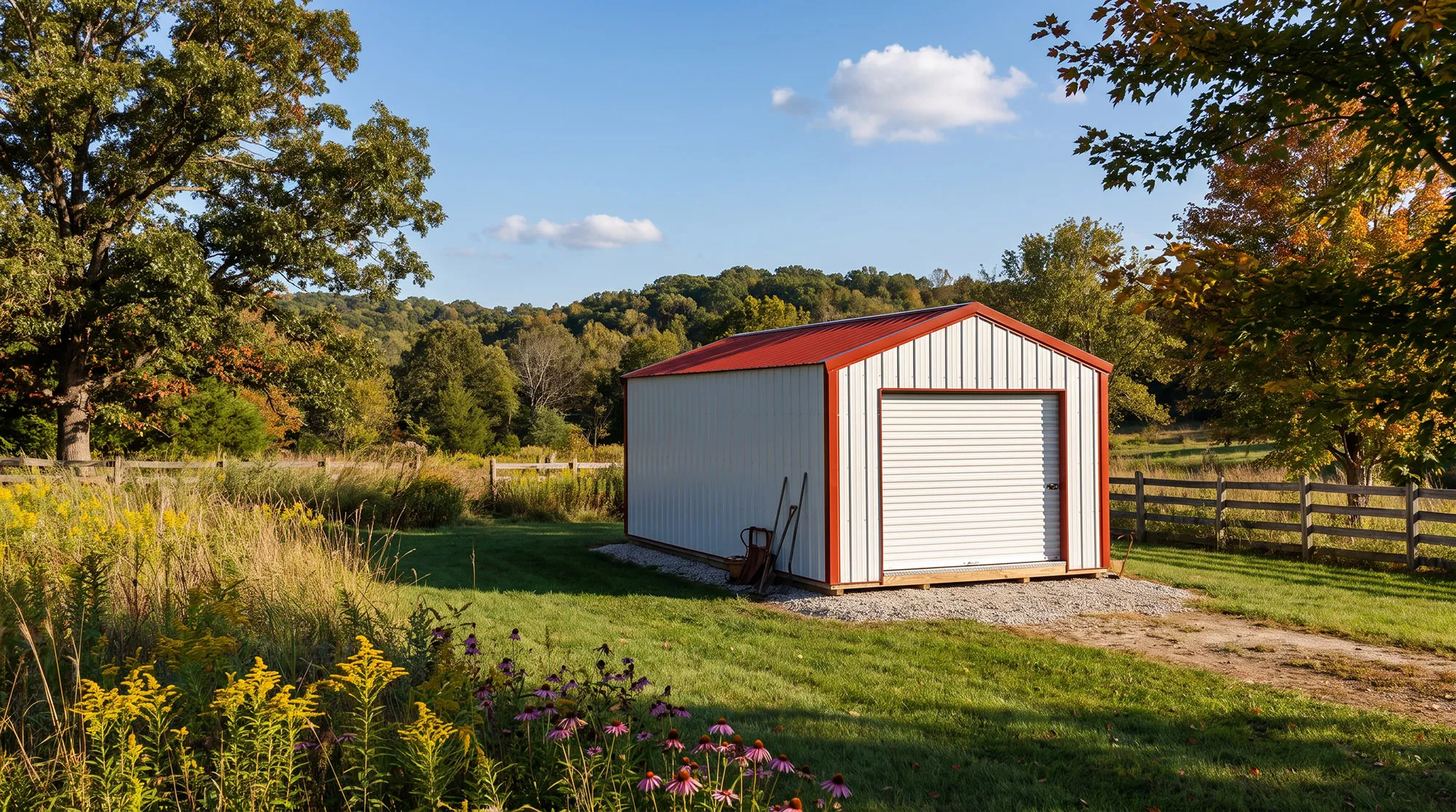 White A-line metal garage with red trim and a white roll-up door in a meadow