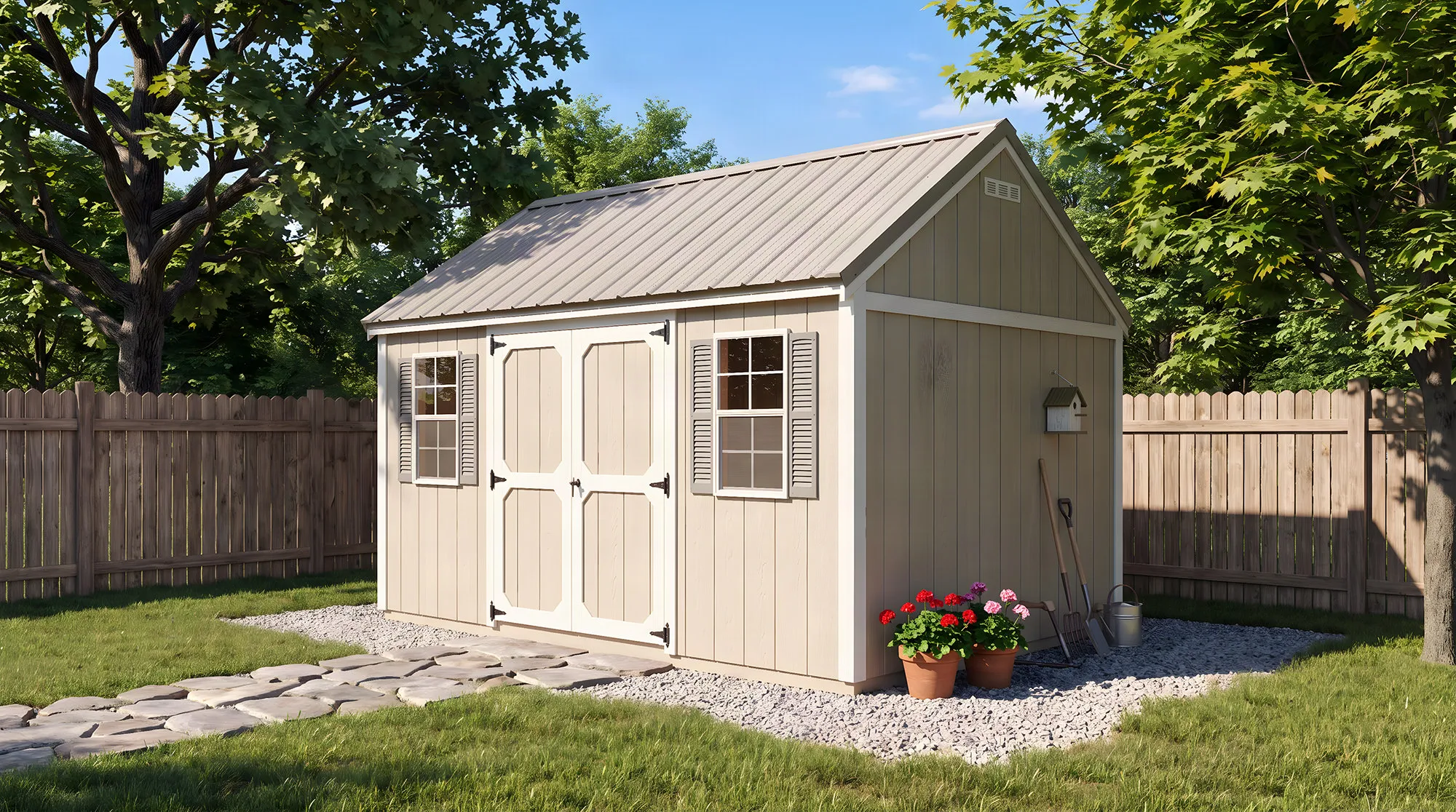Cream garden shed with dark-green double doors beside a white picket fence and flowers