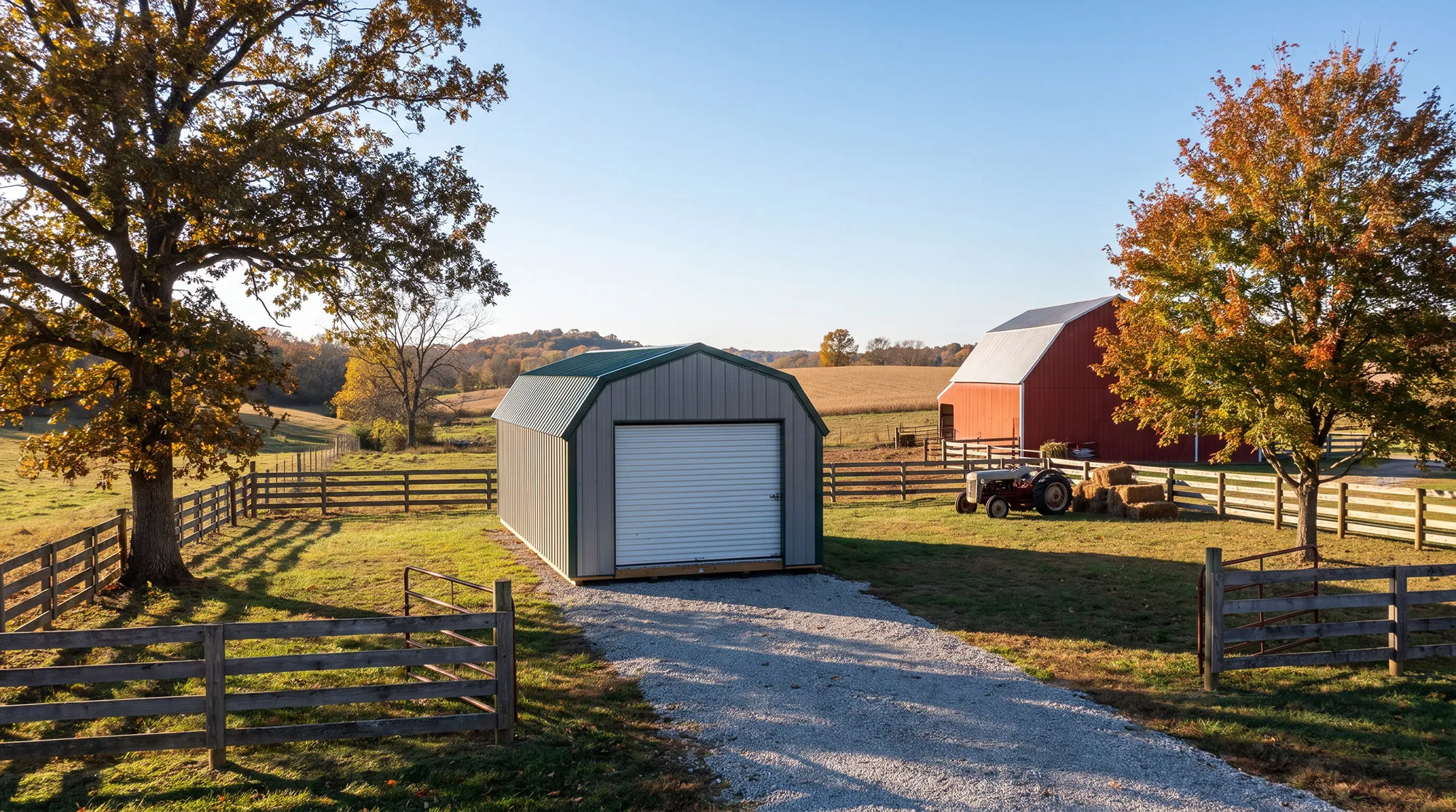 Portable garage with a white roll-up door at the end of a gravel drive on a farm