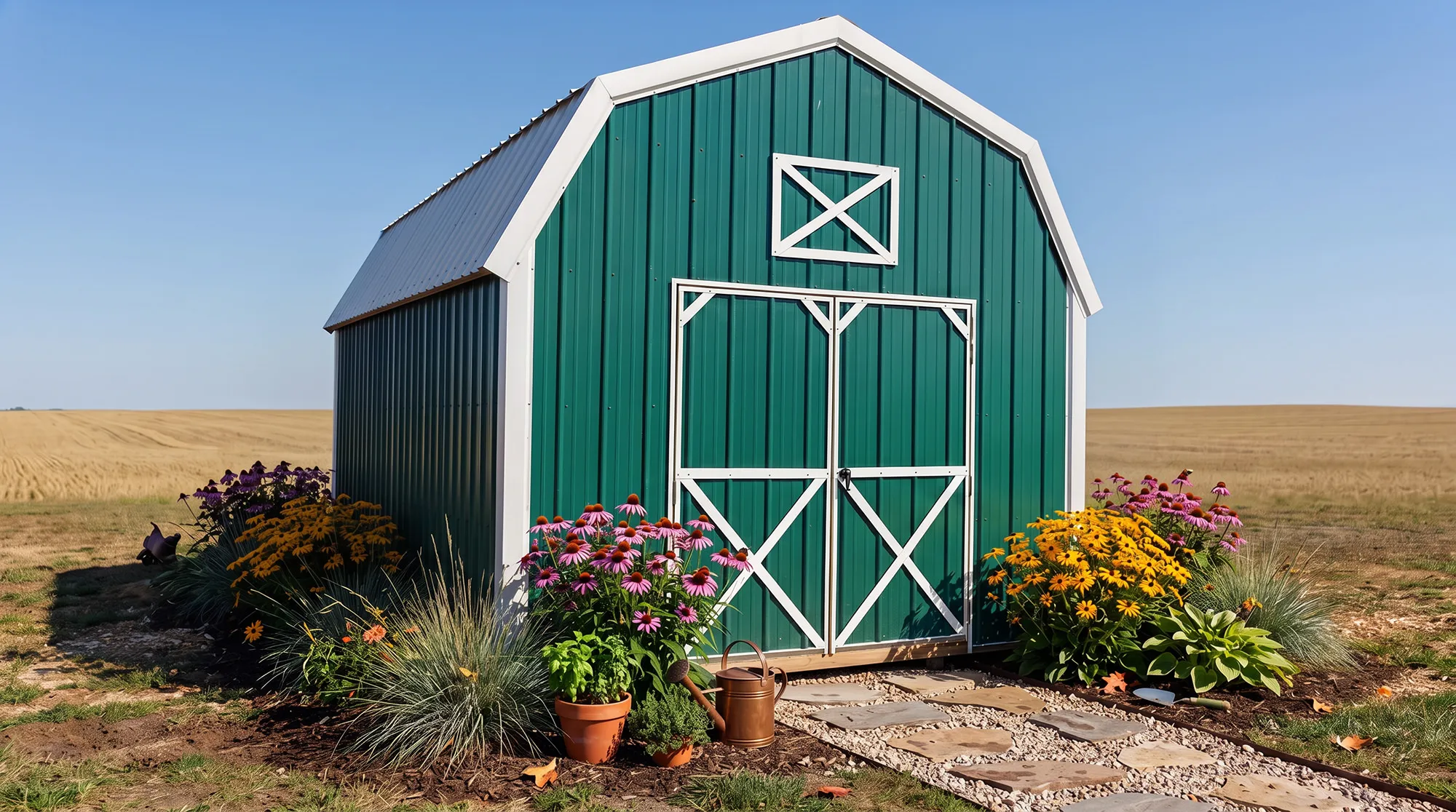 Green barn-style shed with white X-braced doors, surrounded by flowers