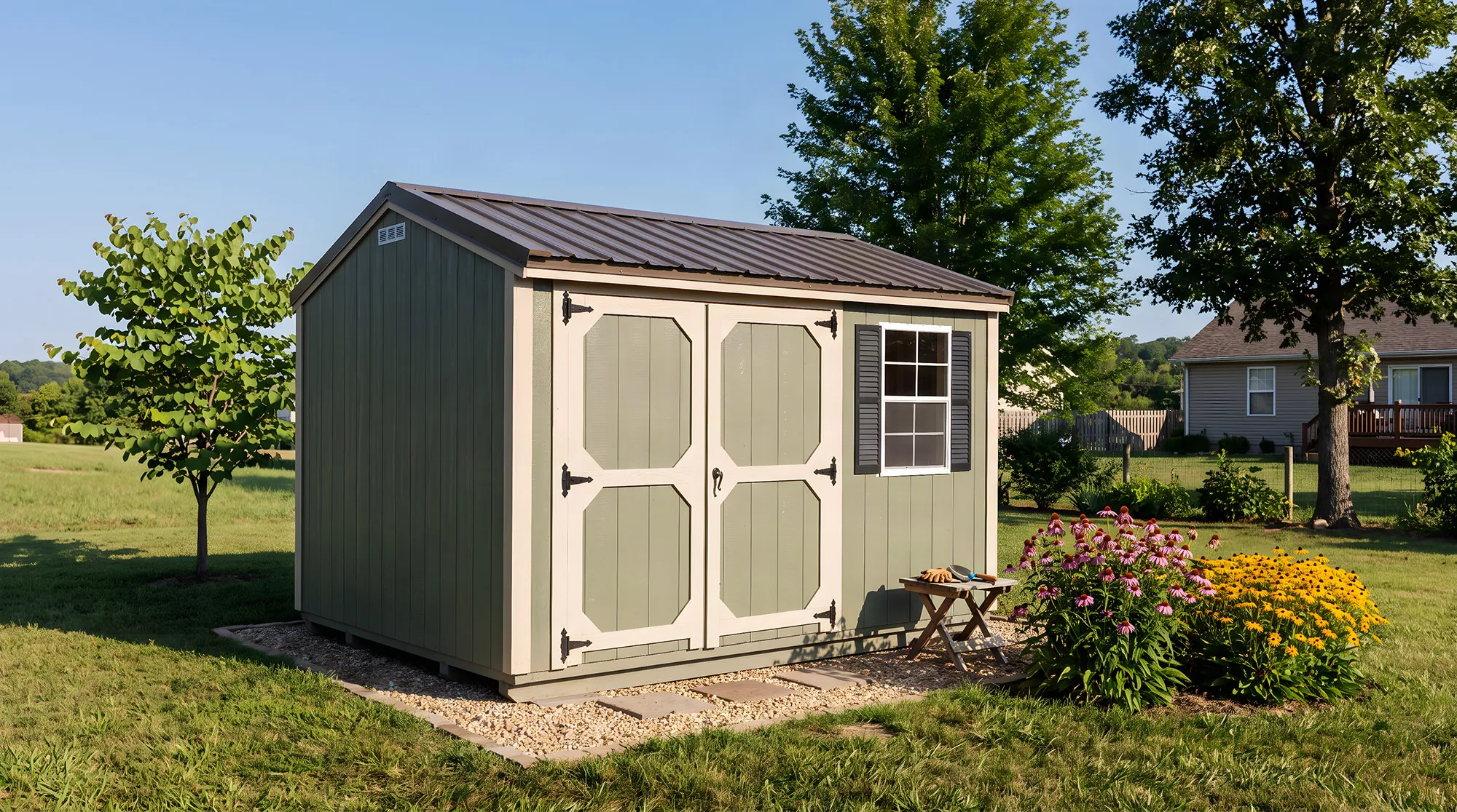 Sage-green garden shed with cream double doors and a window, flowers in front